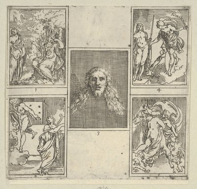 Vijf genummerde scènes, elk naar een schilder in de Accademia Degl