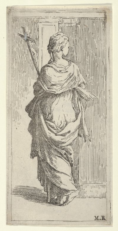 Meisje dat een kruis draagt en naar een pilaster stapt, van achteren gezien, ca. 1590-1600 door Guido Reni