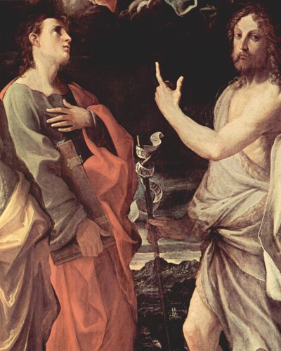Italiaans: Kroning van de Maagd met de heiligen Johannes de Evangelist, Johannes de Doper, Bernardus en Catharina van Alexandrië, Detail: Johannes de Evangelist en Johannes de Doper door Guido Reni