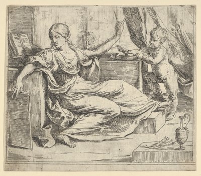 Zittende vrouw met een tablet en kompas allegorie van leren, een gevleugelde putto... door Guido Reni