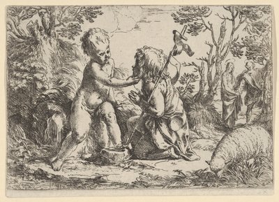 Jonge Sint Johannes de Doper knielend voor het kind Christus die zijn gezicht streelt, ca. 1600-1640 door Guido Reni
