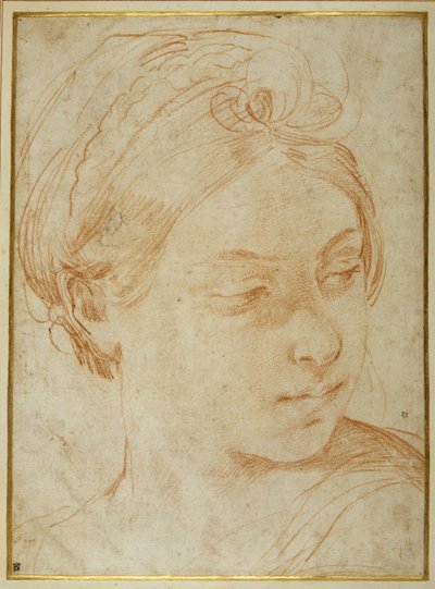 Hoofd van een jonge vrouw, over haar linker schouder kijkend door Guido Reni