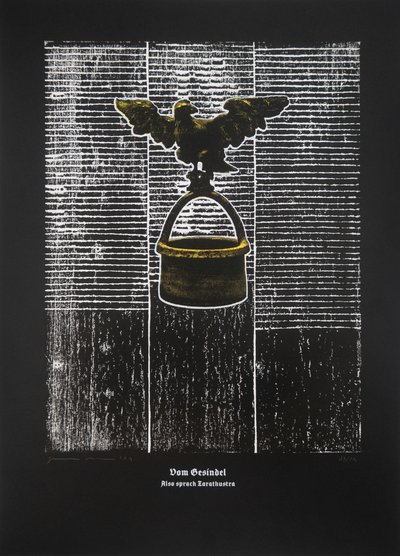 Op het gepeupel, Aldus sprak Zarathustra, 2024 (houtsnede en zeefdruk) door Guilherme Pontes