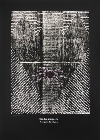 Op de Tarantula, Aldus sprak Zarathustra, 2024 (houtsnede en zeefdruk) door Guilherme Pontes