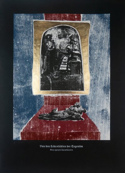 Over de leraren van de deugd, Aldus sprak Zarathoestra, 2023 (houtsnede en zeefdruk) door Guilherme Pontes