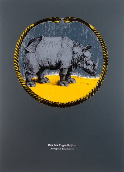 Over de deugdzaamheid, Aldus sprak Zarathustra, 2024 (houtsnede en zeefdruk) door Guilherme Pontes