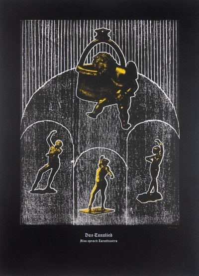 Het danslied, Aldus sprak Zarathustra, 2024 (houtsnede en zeefdruk) door Guilherme Pontes