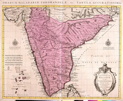 Kaart van Coromandel en Malabar (India) (ets) door Guillaume Delisle