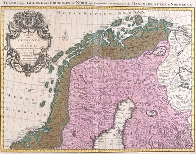 Kaart van de Noordse landen, koninkrijken Denemarken, Zweden en Noorwegen door Guillaume Delisle