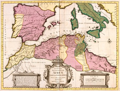 Marokko, noord-Algerije, Tunesië, noordwest-Libië, Spanje, Portugal, Italië (behalve het noorden) door Guillaume Delisle