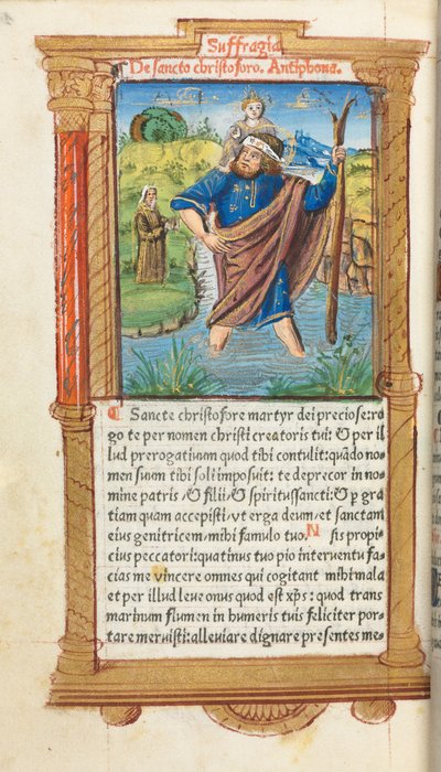 Gedrukt getijdenboek (gebruik van Rome): fol. 101v, St. Christoffel door Guillaume Le Rouge
