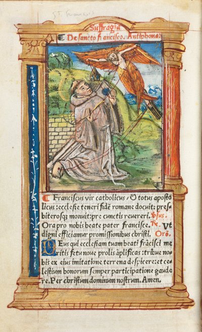 Gedrukt getijdenboek (gebruik van Rome): fol. 106v, St. Franciscus van Assisi door Guillaume Le Rouge