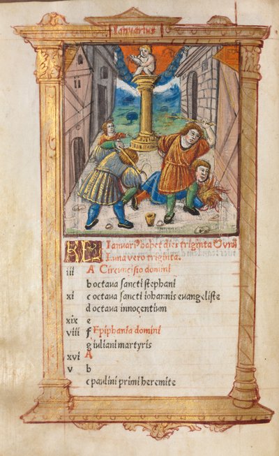 Gedrukt getijdenboek (Gebruik van Rome): fol. 2v, januari kalenderillustratie door Guillaume Le Rouge