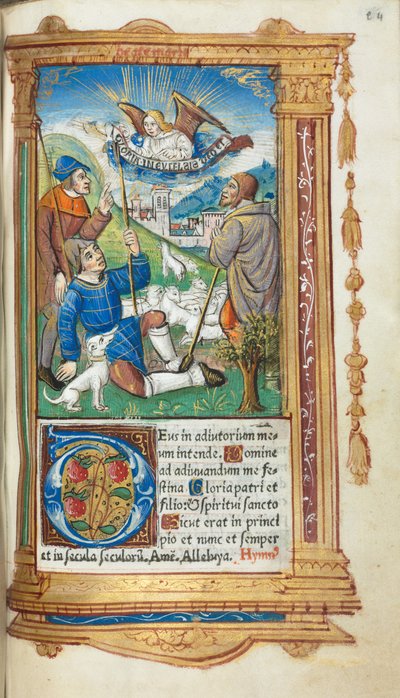 Gedrukt getijdenboek (gebruik van Rome): fol. 36r, Annunciatie aan de herders door Guillaume Le Rouge