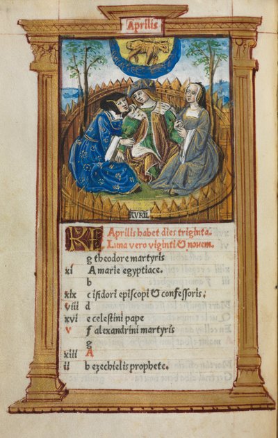 Gedrukt Getijdenboek (Gebruik van Rome): fol. 5v, April kalenderillustratie door Guillaume Le Rouge