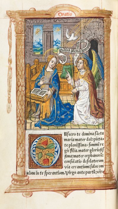 Gedrukt Getijdenboek (Gebruik van Rome): fol. 60v, De Aankondiging door Guillaume Le Rouge