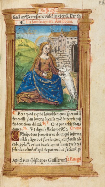 Gedrukt Getijdenboek Gebruik van Rome: fol. 112r, St. Agnes, 1510 door Guillaume Le Rouge