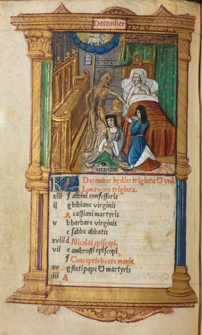Gedrukt getijdenboek Gebruik van Rome: fol. 13v, december kalenderpagina, 1510 door Guillaume Le Rouge