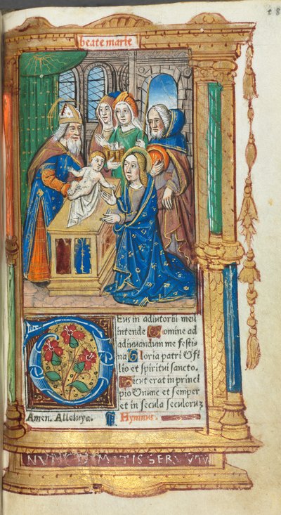 Gedrukt getijdenboek Gebruik van Rome: fol. 40r, Presentatie in de Tempel, 1510 door Guillaume Le Rouge