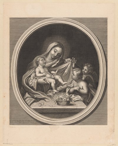 Maria met Kind en twee engelen achter een tafel met een mand met bloemen door Guillaume Vallet