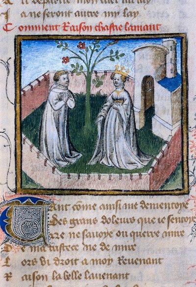 Voorstelling van een paar geliefden bij een roos, miniatuur in "Roman de la Rose" door Guillaume de Lorris