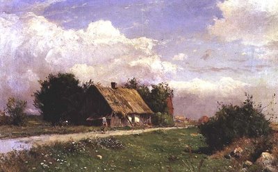 Een bebost landschap met figuren bij een huisje door Gustaf Fredrik Rydberg