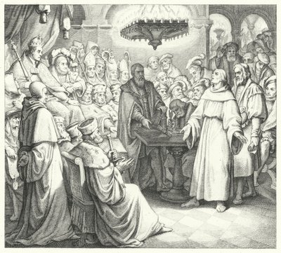 Maarten Luther verschijnt voor keizer Karel V op de Rijksdag van Worms (gravure) door Gustav Ferdinand Leopold Konig
