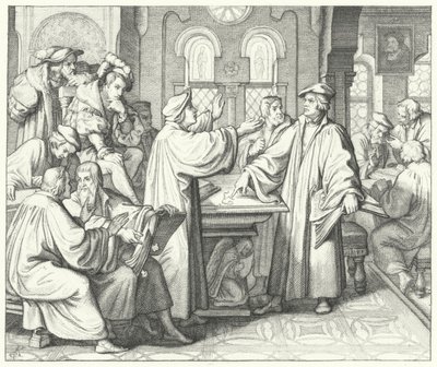 Maarten Luther bespreekt het sacrament met Huldrych Zwingli (gravure) door Gustav Ferdinand Leopold Konig