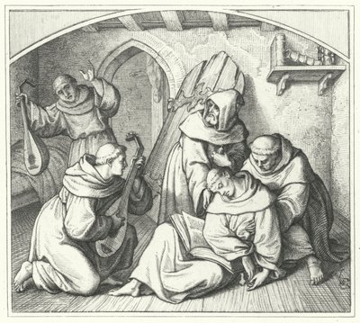 Maarten Luther valt flauw met een Bijbel in zijn hand en zijn vrienden brengen hem weer bij bewustzijn door Gustav Ferdinand Leopold Konig