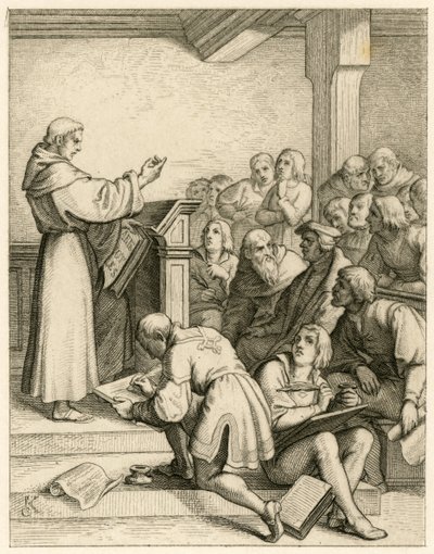 Maarten Luther geeft lezingen aan de universiteit van Wittenberg, voor hem de vice-kanselier Dr. Pollich en zijn vaderlijke vriend Johann von Staupitz (1460-1524) door Gustav Ferdinand Leopold Konig