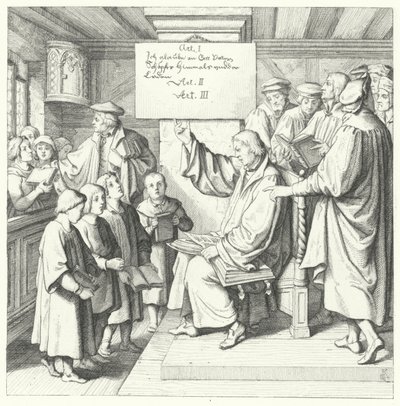 Maarten Luther introduceert de Catechismus aan schoolkinderen (gravure) door Gustav Ferdinand Leopold Konig