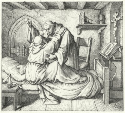 Maarten Luther wordt getroost door een medemonnik tijdens zijn geestelijke kwelling in het klooster door Gustav Ferdinand Leopold Konig