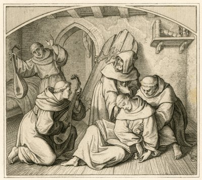 Maarten Luther is bewusteloos in zijn kloostercel, samen met andere monniken die luit spelen door Gustav Ferdinand Leopold Konig