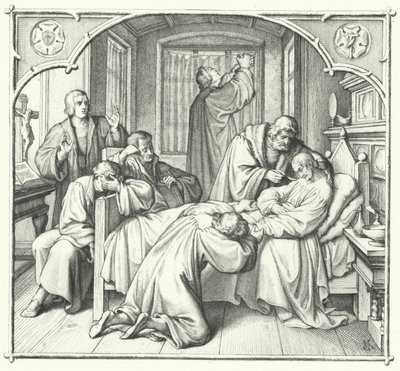 Maarten Luther bidt aan het sterfbed van Philip Melanchthon (gravure) door Gustav Ferdinand Leopold Konig