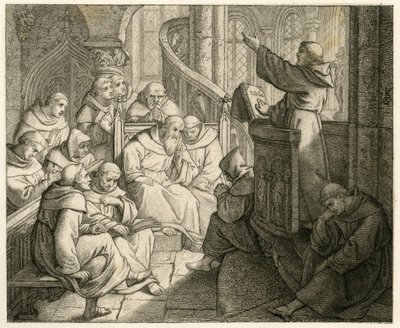 Maarten Luther preekt in het klooster, voor Staupitz, zijn vaderlijke vriend door Gustav Ferdinand Leopold Konig