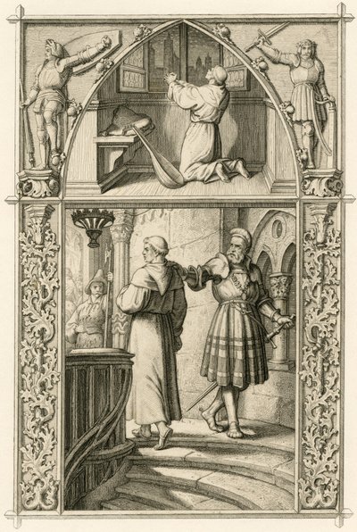 Maarten Luther bereidt zich voor met een gebed voor de ontmoeting met de keizer (bovenste afbeelding); hoofdbeeld: Luther ontmoet de ridder George (Georg) von Frundsberg (Jorg von Fronsberg, Freundsbergin) door Gustav Ferdinand Leopold Konig
