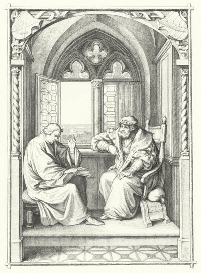 Maarten Luther leest uit de Bijbel voor aan Johan, keurvorst van Saksen (gravure) door Gustav Ferdinand Leopold Konig