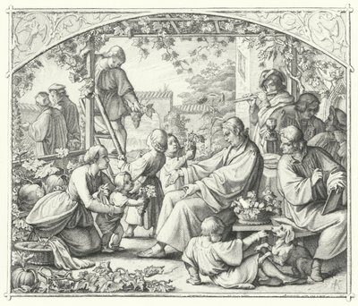 Maarten Luther met zijn familie en enkele van zijn tijdgenoten genietend van de zomer (gravure) door Gustav Ferdinand Leopold Konig