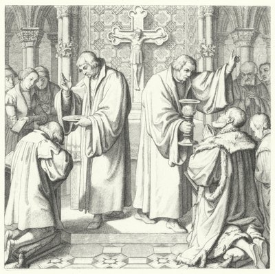 De Heilige Communie getoond in zowel protestantse als katholieke vormen (gravure) door Gustav Ferdinand Leopold Konig