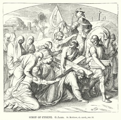 Simon van Cyrene, Mattheüs, hoofdstuk xxvii, vers 32 (gravure) door Gustav Jager