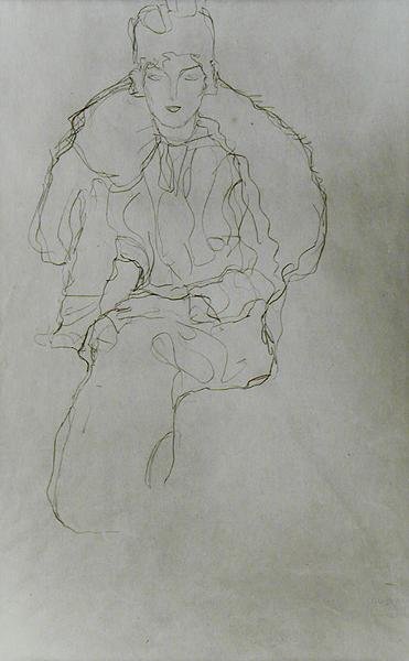 Zittende Vrouw met Bontmantel en Hoofdbedekking door Gustav Klimt
