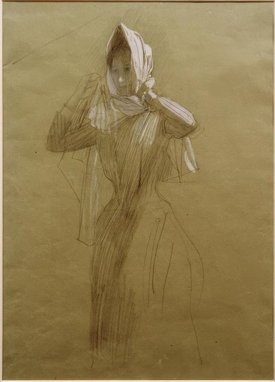 Staande jonge vrouw, een hoofddoek omdoend door Gustav Klimt
