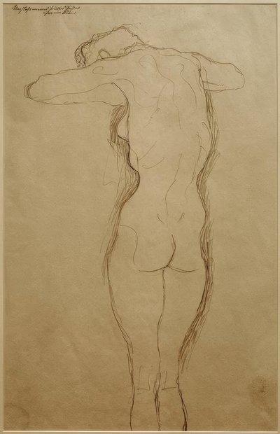 Staande rugnaakt, armen horizontaal gebogen (studie) door Gustav Klimt