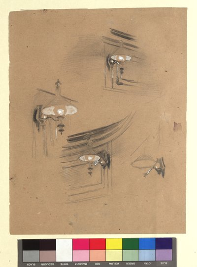 Studies voor „Toeschouwersruimte in het oude Burgtheater”: studies van vier lampen door Gustav Klimt