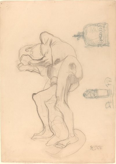 Studie van een Naakte Oude Vrouw die Haar Vuisten Balt, en Twee Decoratieve Objecten door Gustav Klimt