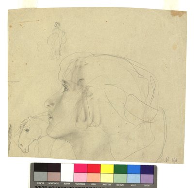 Vrouwenhoofd in linkerprofiel, paardenhoofd in profiel, figuurstudie door Gustav Klimt
