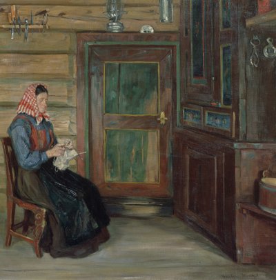 Boeren interieur met breiende vrouw door Gustav Wentzel