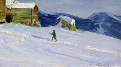 Winteravond in Vaga met skiër door Gustav Wentzel