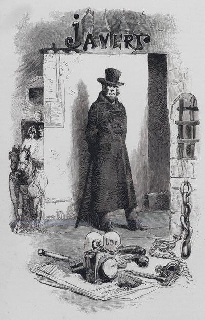 Scène uit Les Miserables, door Victor Hugo: Javert, de detective (gravure) door Gustave (after) Brion