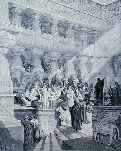 Daniel die het schrift op de muur uitlegt, gegraveerd door A. Ligny door Gustave (after) Dore